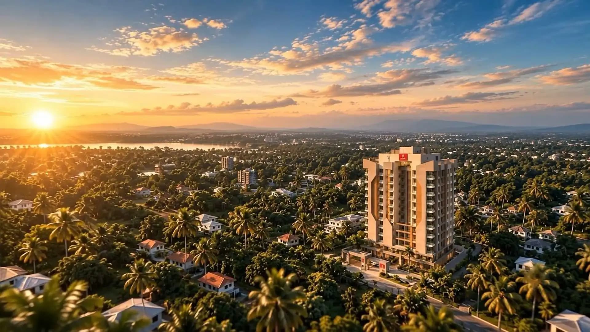 Conceptual tropical residences in warm evening light